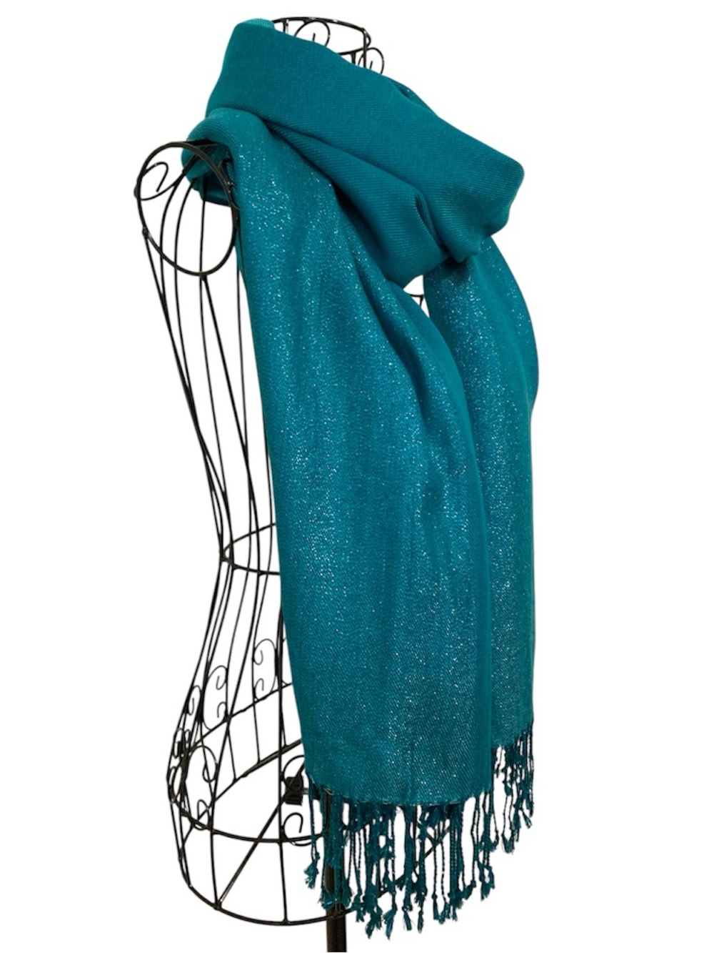 Vintage Y2K Teal Shimmer Oversized Scarf Wrap Fringe Sparkle Evening Shawl